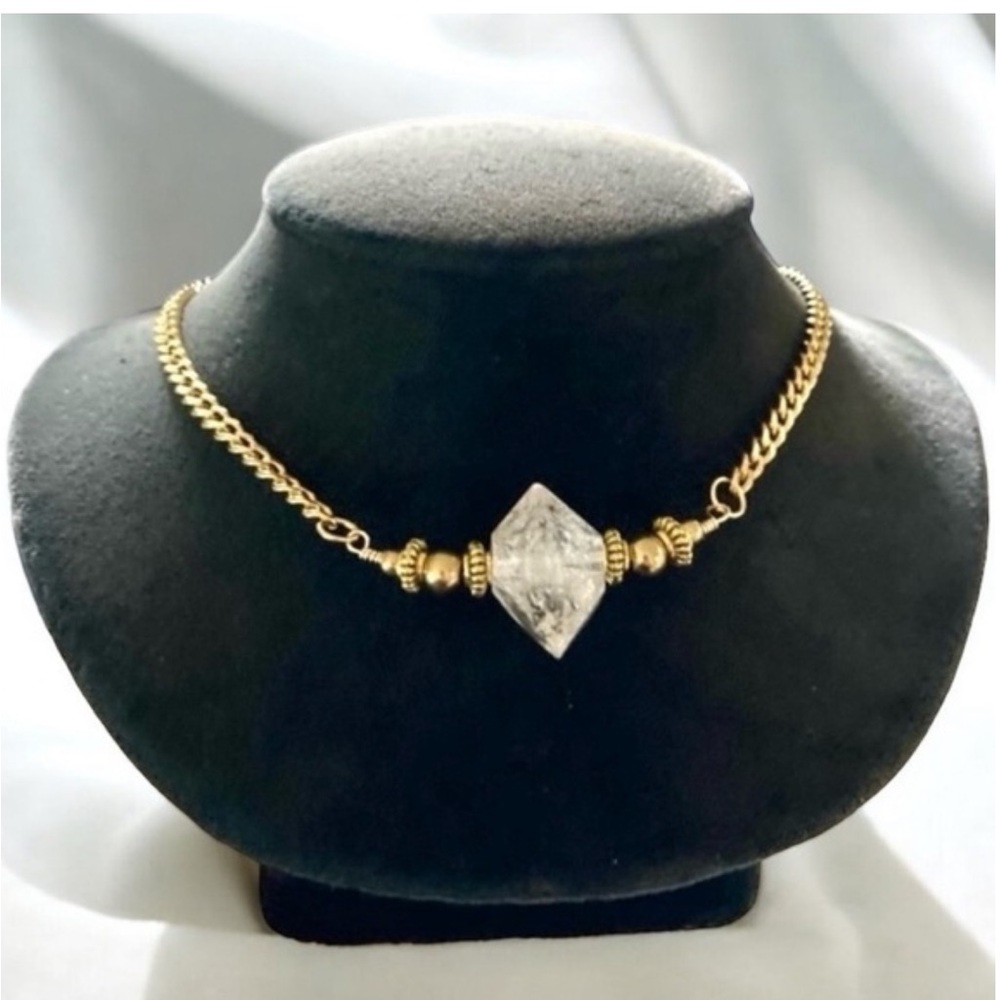 Genuine big herkimer diamond crystal quartz gold stainless steel boho necklace
